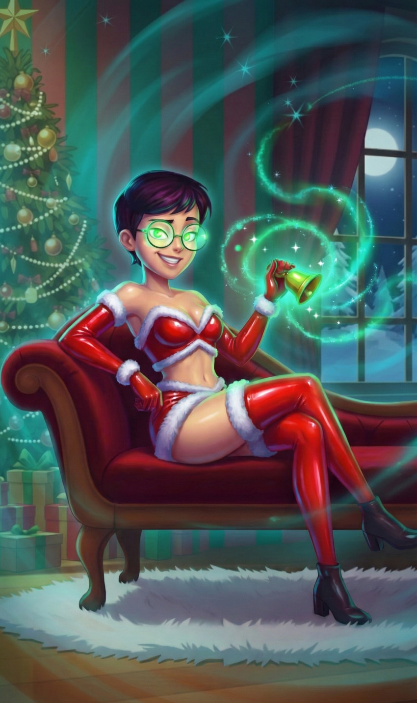 ai_art bell black_hair carmen_sandiego christmas christmas_tree cleavage clothed female_only femsub glasses gloves glowing glowing_eyes green_eyes happy_trance hypnotic_accessory julia_argent_(carmen_sandiego) lipstick looking_at_viewer night posing santa_costume seductive_smile short_hair sitting smirk solo thighhighs zupern0va_(manipper)