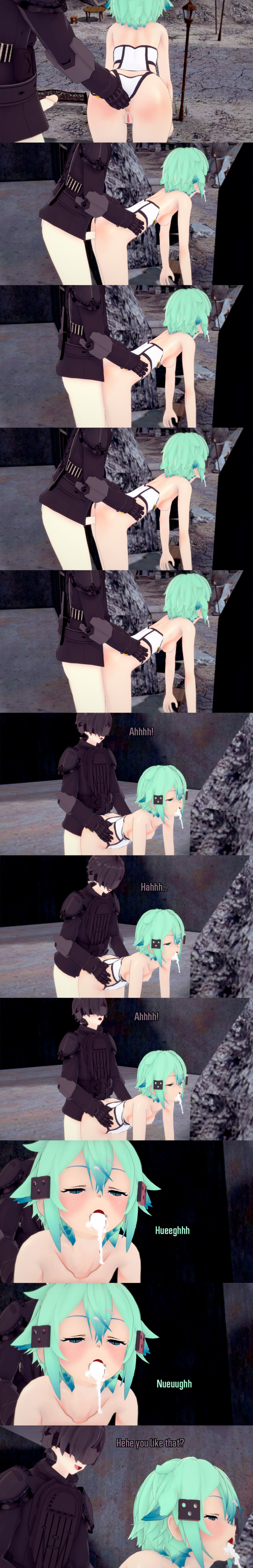 absurdres anus bent_over black_hair breasts cum cum_in_mouth dialogue empty_eyes english_text expressionless femsub green_eyes green_hair maledom nipples nude penis pussy sex shino_asada short_hair sword_art_online text vaginal zenin1
