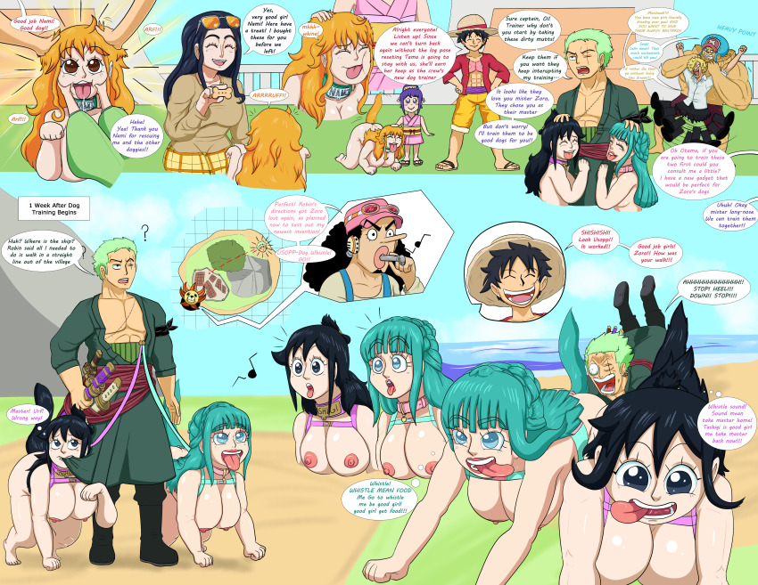 alanwrecked black_hair blue_hair collar dialogue green_hair happy_trance kozuki_hiyori kurozumi_tama large_breasts long_hair monkey_d._luffy nami_(one_piece) nico_robin nipples nude one_piece orange_hair pet_play roronoa_zoro sanji short_hair tashigi text tongue_out tony_tony_chopper usopp
