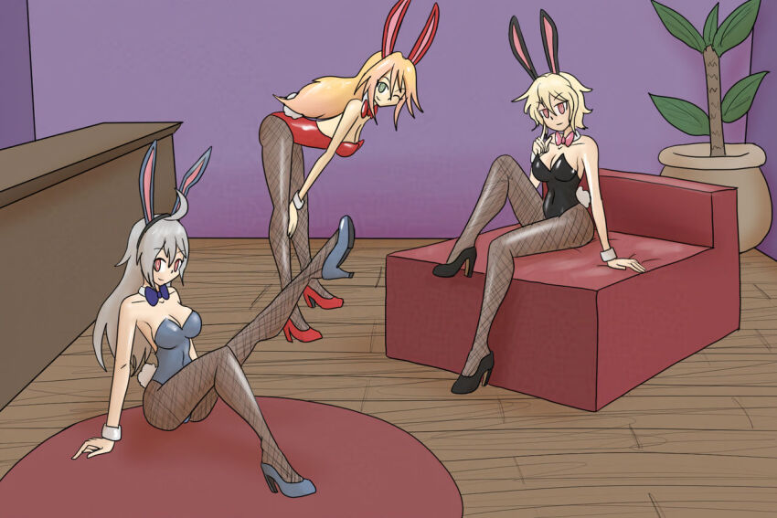 bunny_ears bunnysuit character_request copyright_request femsub fishnets hime_(orange_juice) mythkaz sora_(orange_juice) suguri suguri_(orange_juice) symbol_in_eyes tagme