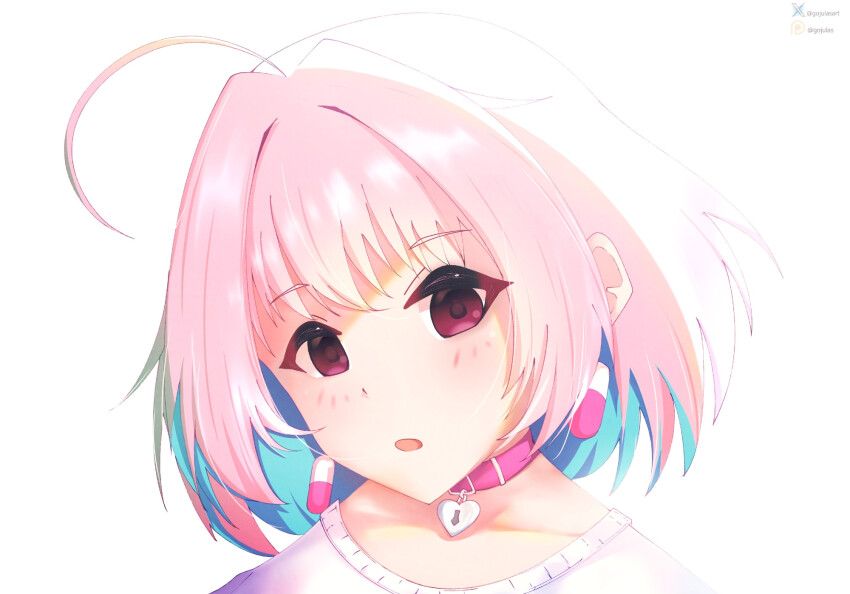 ahoge blue_hair blush clothed collar collarbone drool earrings empty_eyes expressionless eyebrows_visible_through_hair female_only femsub gojulas hypnovember looking_at_viewer multicolored_hair open_mouth pink_hair riamu_yumemi shirt simple_background solo the_idolm@ster white_background