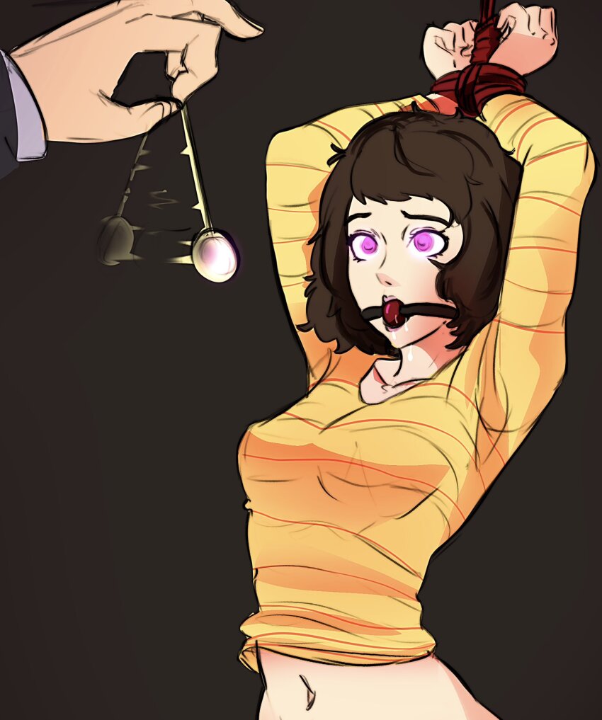 arms_above_head ball_gag blysill bondage brown_hair clothed drool femsub gag glowing_eyes midriff pendulum persona_(series) persona_5 pink_eyes restrained sadayo_kawakami shirt short_hair simple_background small_breasts