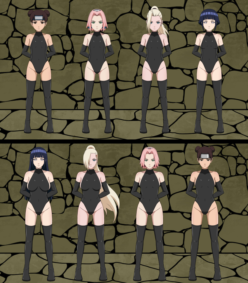 arms_behind_back black_hair blonde_hair blue_eyes brown_eyes brown_hair doggos_doujins female_only femsub gloves green_eyes hinata_hyuuga ino_yamanaka latex leggings loli long_hair multiple_girls multiple_subs naruto_(series) opera_gloves pink_eyes pink_hair sakura_haruno short_hair standing_at_attention tenten