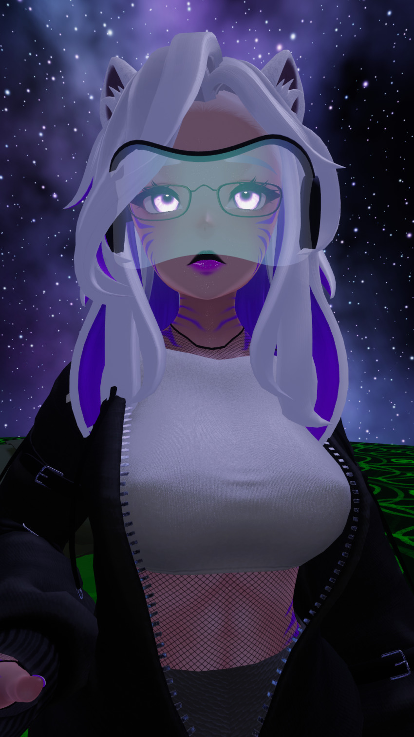 3d animal_ears clothed female_only femsub hoodie purple_eyes solo spiral standing tech_control vrchat white_hair