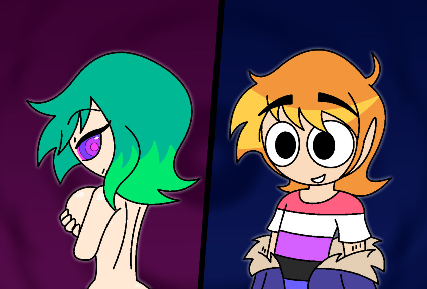 ahoge androgynous_dom bare_shoulders brown_hair coat convenient_censoring femsub green_hair happy_trance hypnoscream large_breasts looking_back love nude pride_colors ramona_flowers ring_eyes scott_pilgrim scott_pilgrim_(series) seductive_smile shiny_hair shiny_skin shirt simple_background smile undressing