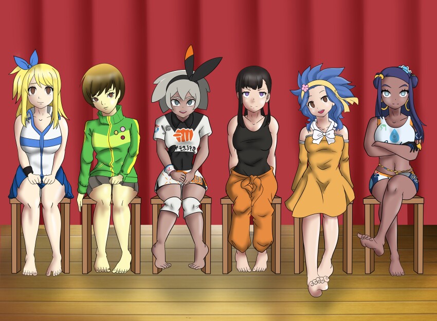 artist_request barefoot bea_(pokemon) chie_satonaka dark_skin empty_eyes fairy_tail feet femsub fire_force happy_trance levy_mcgarden lucy_heartfilia maki_oze nessa_(pokemon) nintendo persona_(series) persona_4 pokemon pokemon_sword_and_shield