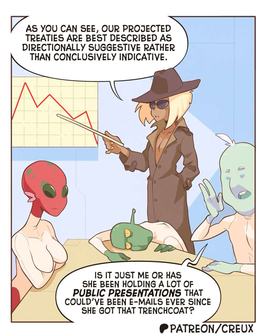 ahoge alien alien_girl bex_&amp;_keit bex_(lekroox) black_sclera blonde_hair blue_eyes blue_skin border clothed collarbone comic consensual dark_skin dialogue english_text exhibitionism femsub green_skin hair_buns hand_on_hip hat humor jacket keit_(lekroox) lekroox leotard no_bra office original red_skin self_hypnosis short_hair signature small_breasts speech_bubble sunglasses text thighs tight_clothing top_hat yellow_sclera