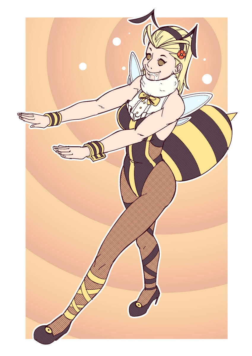 ahoge antenna bee_girl bee_suit blonde_hair border bow_tie cuffs disney drool efalabrino female_only femsub fishnets flower_in_hair happy_trance high_heels kingdom_hearts larxene leotard long_hair ring_background scarf smile solo spiralwash_eyes tail wings yellow_eyes zombie_walk