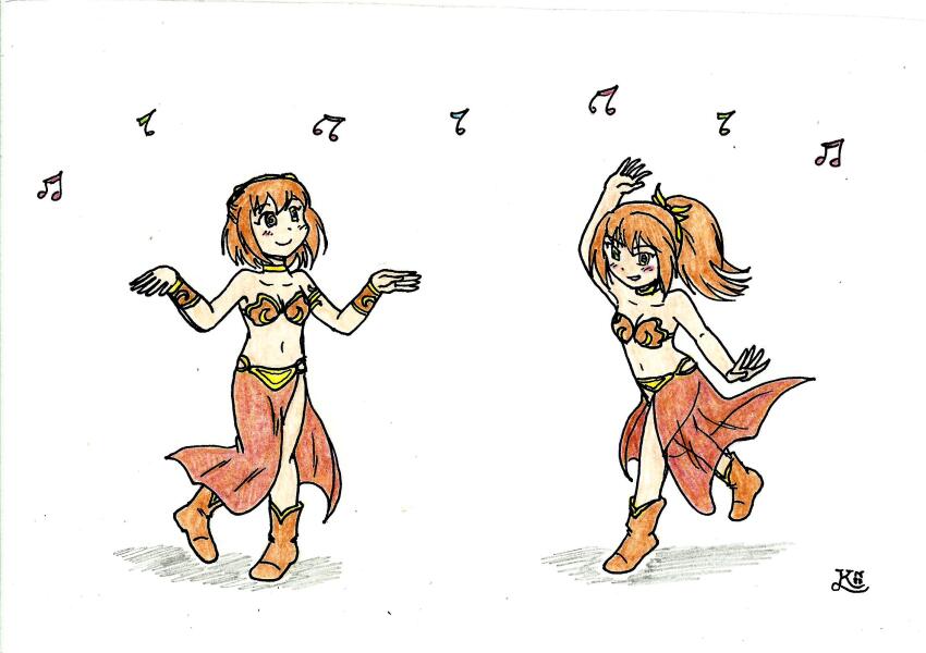 arms_above_head blush boots bra bracelet bracers choker cleavage collarbone dancer dancing eyebrows_visible_through_hair female_only femsub hair_band happy_trance harem_outfit hyperdimension_neptunia hypnotic_music kingnanamine87 legs loincloth looking_at_viewer midriff multiple_girls multiple_subs navel orange_hair ponytail ram_(hyperdimension_neptunia) rom_(hyperdimension_neptunia) short_hair simple_background slave_bikini small_breasts smile star_wars twins white_background yellow_eyes