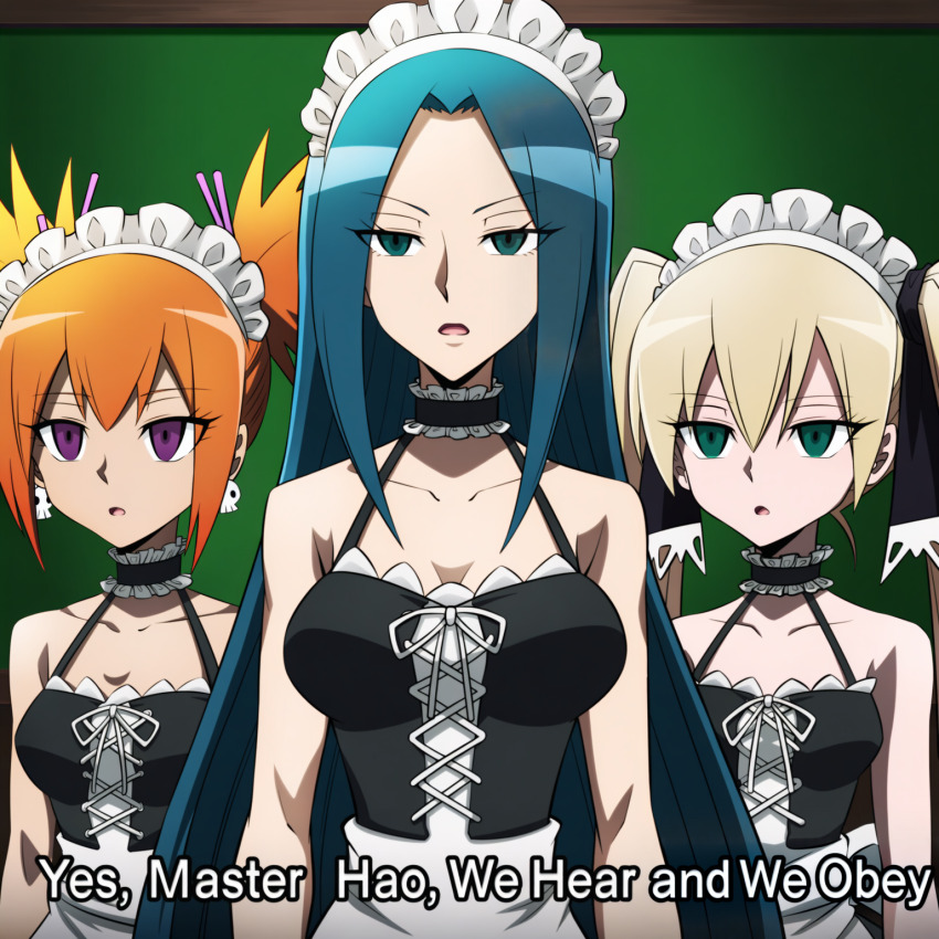 ai_art blonde_hair blue_hair bow brown_hair empty_eyes expressionless femsub hellsing002_(generator) kanna_bismarch maid maid_headdress marion_phauna matilda_matisse shaman_king twintails