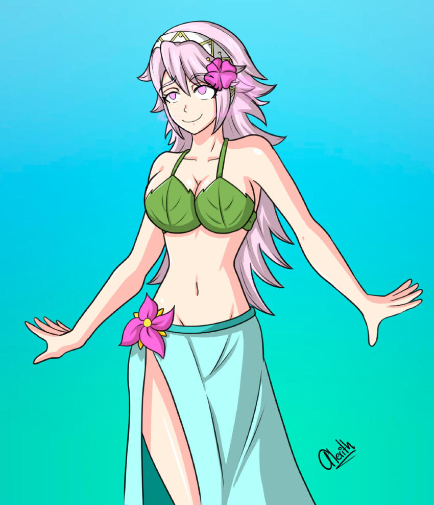 alerith bare_legs bare_shoulders breasts cleavage dancer dancing empty_eyes female_only femsub fire_emblem fire_emblem_fates happy_trance hypnotic_plant long_hair midriff navel nintendo pheromones pink_eyes pink_hair smile soleil_(fire_emblem) thighs