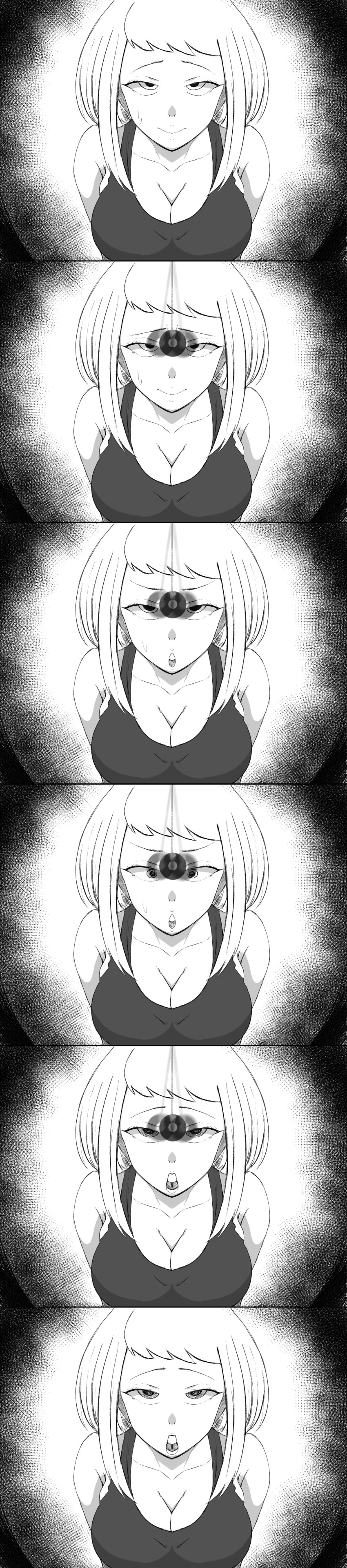 absurdres breasts cleavage coin collarbone female_only femsub greyscale large_breasts milf monochrome netorare open_mouth original pendulum sequence simple_background sixth_light surprised sweat tank_top