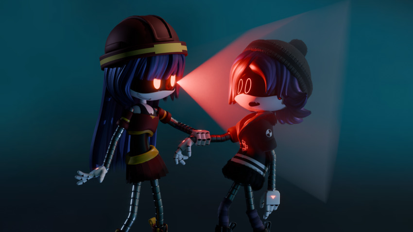 3d beanie blender cheerleader crop_top doll_(murder_drones) female_only femdom femsub gradient_background helmet holding_hands hoodie hypnotic-ink hypnotic_eyes hypnotic_light murder_drones open_mouth purple_hair red_eyes robot robot_girl simple_background skirt smile straight-cut_bangs surprised uzi_doorman