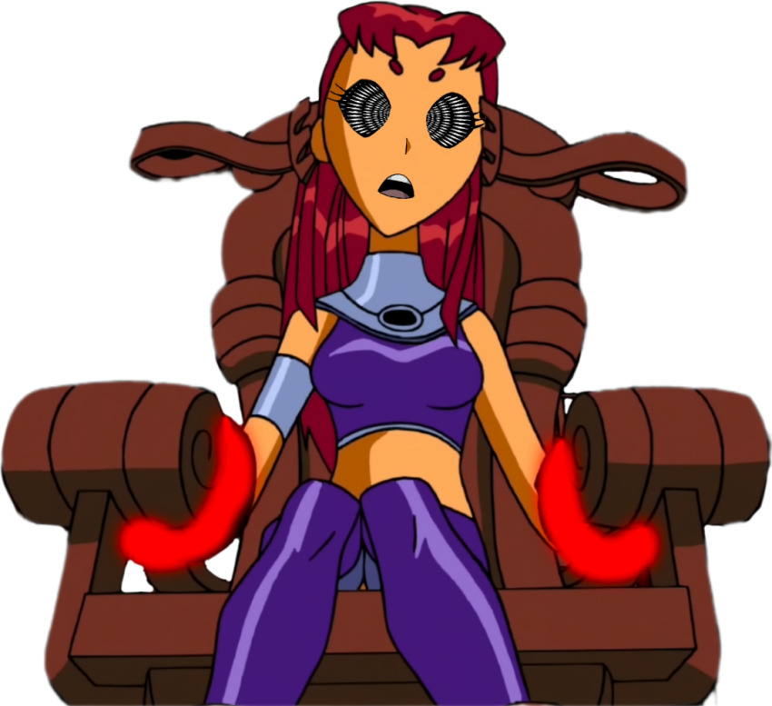 bondage chair dc_comics mad_mod manip open_mouth red_hair sitting spiral_eyes starfire symbol_in_eyes tagme teen_titans