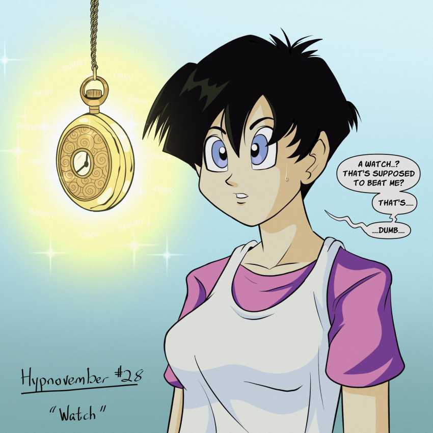 black_hair blue_eyes dragon_ball expressionless hypnovember pocket_watch polmanning sweat text videl