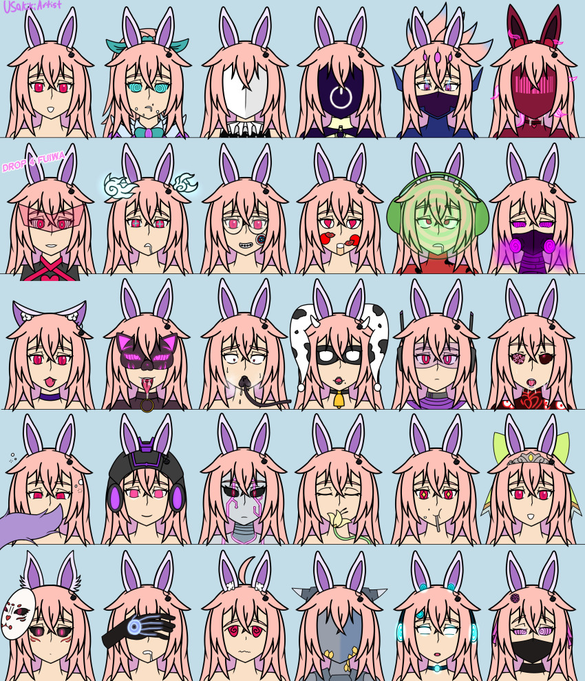 barcode bunny_ears bunny_girl cat_ears cat_girl cow_print cowbell doll drool femsub flower fume gas_mask glasses gloves helmet jester kiki_(usakiki) lipstick lipstick_mark long_hair mask original pink_hair ponytail ribbon spiral_eyes symbol_in_eyes tail usakiki whitewash_eyes