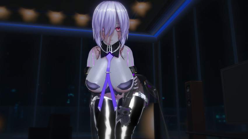 3d absurdres bare_shoulders belt blush breasts corruption custom_maid_3d_2 dark_side_ruler fate/grand_order fate_(series) female_only femsub gauntlets gloves hair_covering_one_eye large_breasts maid maid_headdress mashu_kyrielight navel opera_gloves panties pasties red_eyes robotization smile solo thighhighs thighs tie