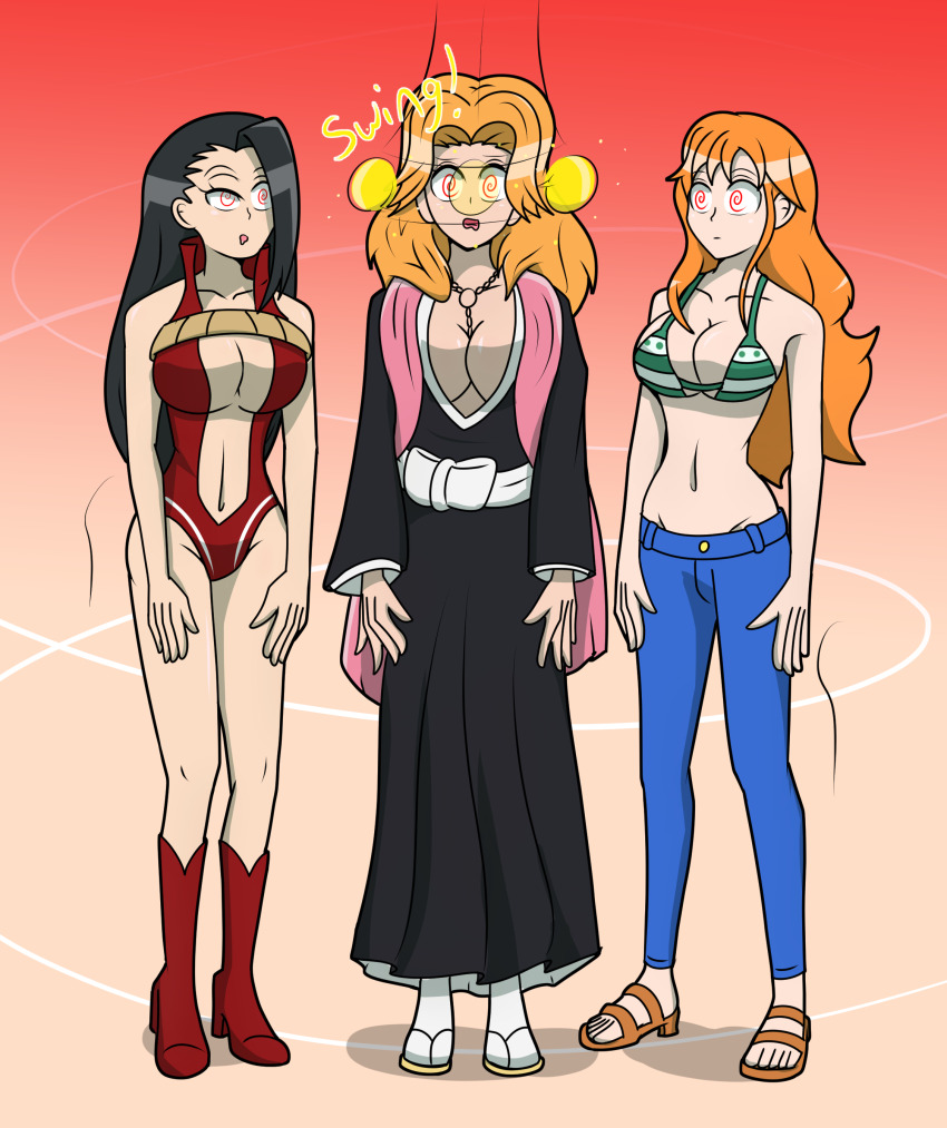 black_hair bleach femsub hy2300 large_breasts long_hair momo_yaoyorozu my_hero_academia nami_(one_piece) one_piece orange_hair pendulum rangiku_matsumoto spiral_eyes