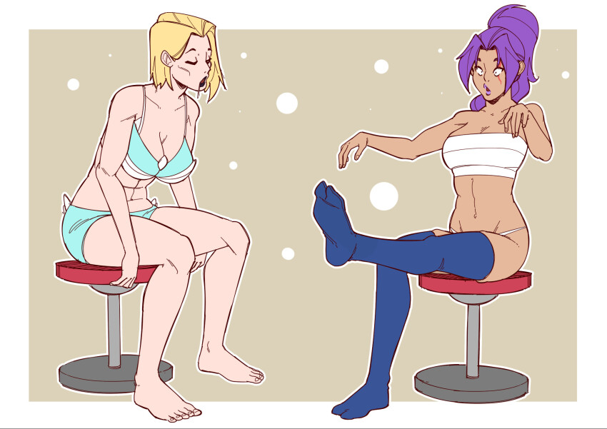 bandage bare_legs bare_shoulders barefoot blonde_hair border bra chair closed_eyes collarbone drool efalabrino emma_frost face_paint feet female_only femsub large_breasts leaning_forward legs lipstick long_hair marvel_comics marvel_rivals multiple_girls multiple_subs navel open_mouth panties ponytail psylocke short_hair shrunken_irises simple_background sitting tan_skin thighhighs underwear yellow_background