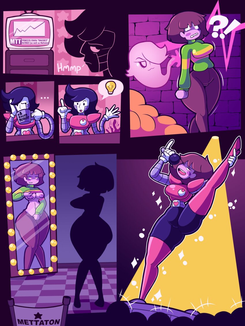 breasts brown_hair chara_(undertale) color dancing english_text femsub ghost gloves happy_trance mettaton microphone mirror pants possession red_eyes short_hair singlesalt tagme text thigh_boots tv undertale undressing