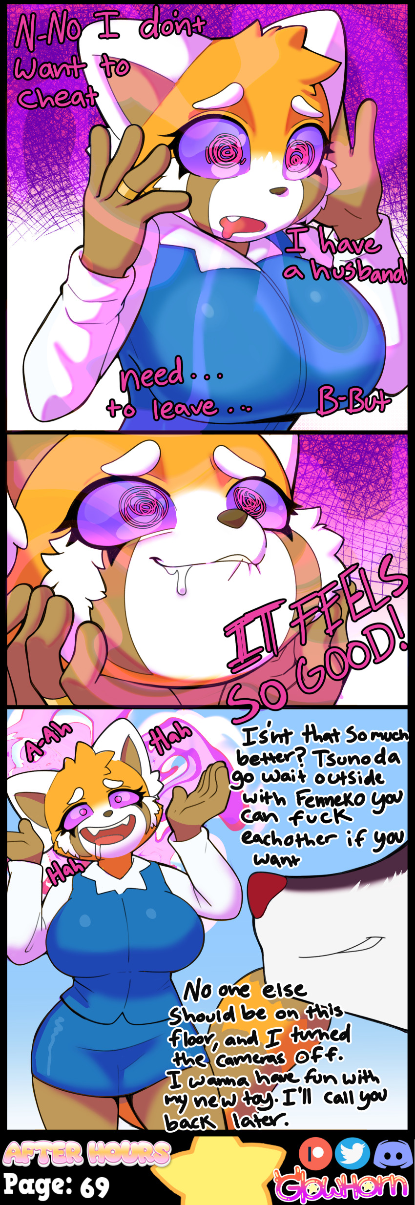 absurdres aggretsuko artifact_the_fox biting breasts cheating clothed comic corruption dialogue drool femsub fox_boy furry glowhorn hand_on_head jewelry lip_biting magic maledom netorare open_mouth original pink_eyes purple_eyes red_panda_girl retsuko_(aggretsuko) ring sanrio sharp_teeth shiny_skin shirt simple_background skirt smile smug spiral spiral_eyes tail wedding_ring