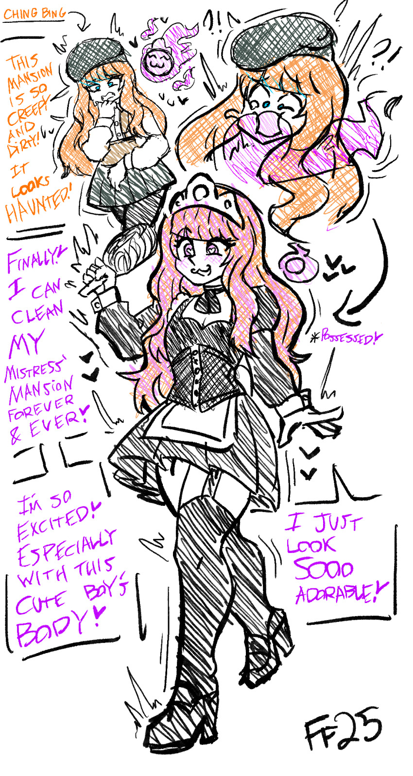 blue_eyes blush bow crossdressing cuffs dialogue eye_color_change fanterfane feather_duster femboy femdom feminization garter_straps hat heart heart_eyes high_heels long_hair maid malesub original pink_eyes pink_hair possession simple_background sketch skirt smile speech_bubble text thighhighs