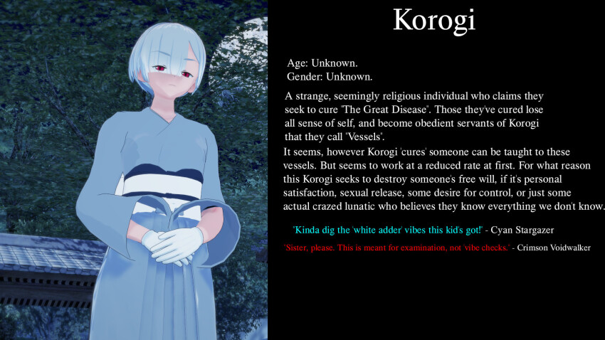 aware character_profile clothed cyanstargazer dialogue english_text gloves korogi_(cyanstargazer) original red_eyes short_hair solo text white_hair
