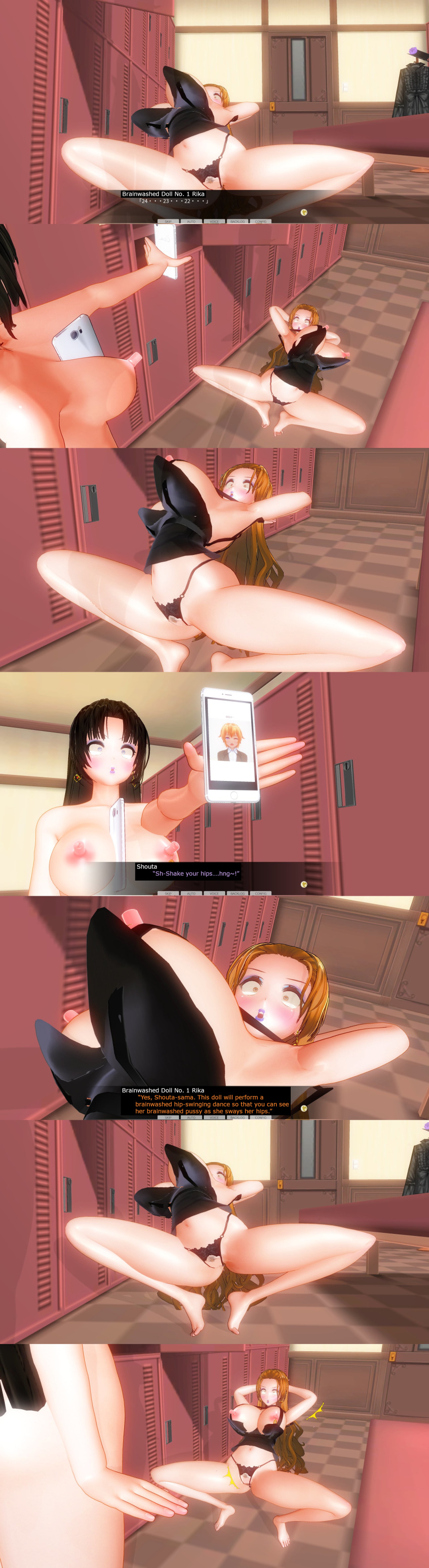 3d absurdres black_hair breasts brown_hair custom_maid_3d_2 dialogue earrings femsub hard_translated huge_breasts izumi_(made_to_order) kamen_writer_mc long_hair makeup maledom multiple_girls multiple_subs nipples nude purple_lipstick rika_(made_to_order) sequence text translated