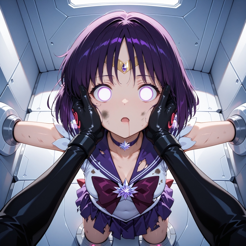 ai_art drool femsub koimin4_(generator) pink_eyes purple_hair restrained sailor_moon_(series) sailor_saturn torn_clothes