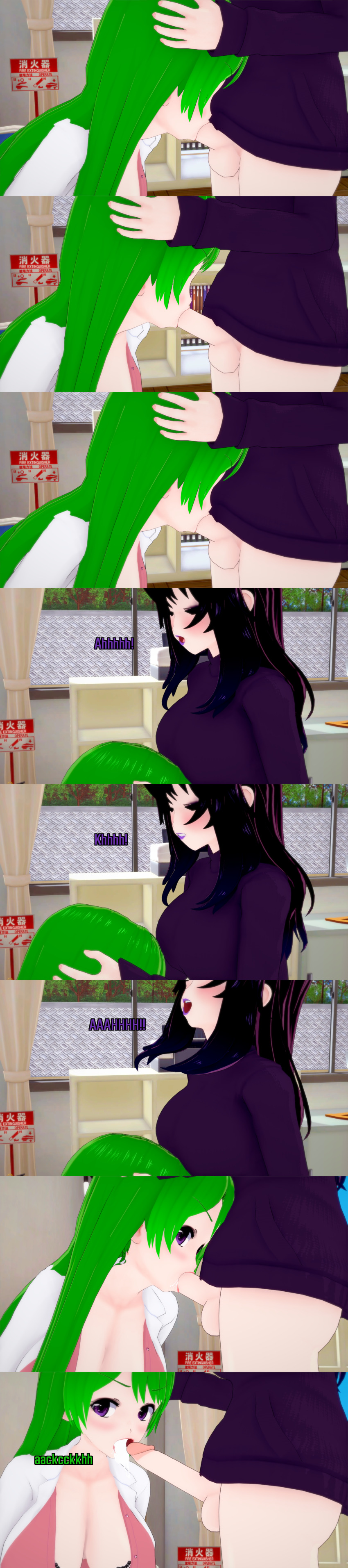 absurdres altered_perception black_hair closed_eyes clothed cum cum_in_mouth dialogue english_text fellatio female_only femdom femsub futanari green_hair long_hair multiple_girls nurse nurse_whitney_(ophelia's_dollhouse) ophelia's_dollhouse ophelia_(ophelia's_dollhouse) oral orgasm penis phone purple_eyes text zenin1