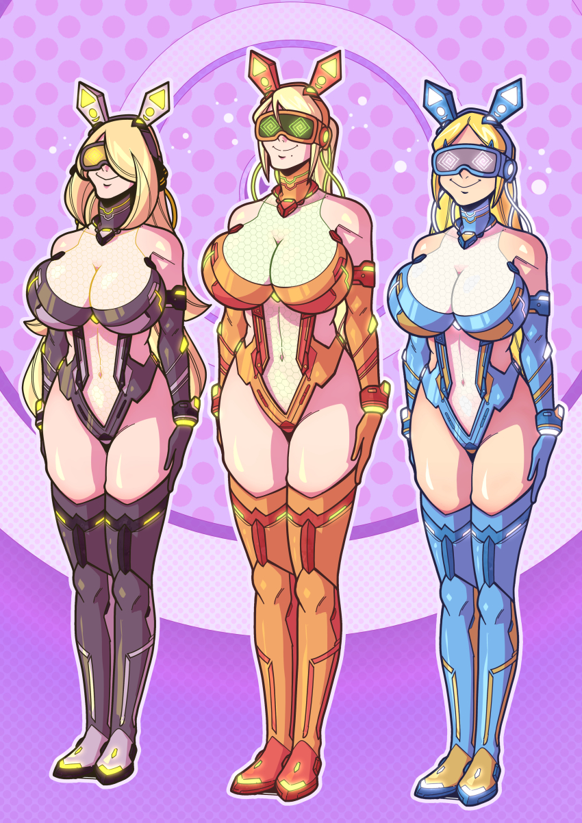 absurdres arm_warmers blonde_hair breasts breath_of_the_wild bunny_ears cleavage cynthia efalabrino female_only femsub gloves hair_covering_one_eye happy_trance large_breasts leotard long_hair metroid_(series) mole multiple_girls multiple_subs navel nintendo pokemon pokemon_diamond_pearl_and_platinum ponytail princess_zelda samus_aran see-through smile spiral_eyes standing standing_at_attention tech_control the_legend_of_zelda thighhighs very_long_hair visor