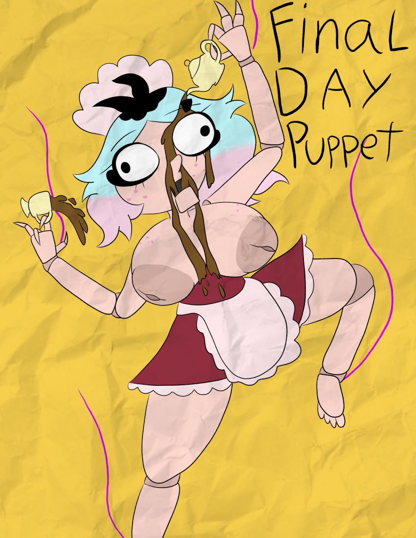 breasts doll_joints emberlynn_pinkle freckles helluva_boss hypnovember inverted_nipples maid maid_headdress multicolored_hair puppet puppetization tcross topless