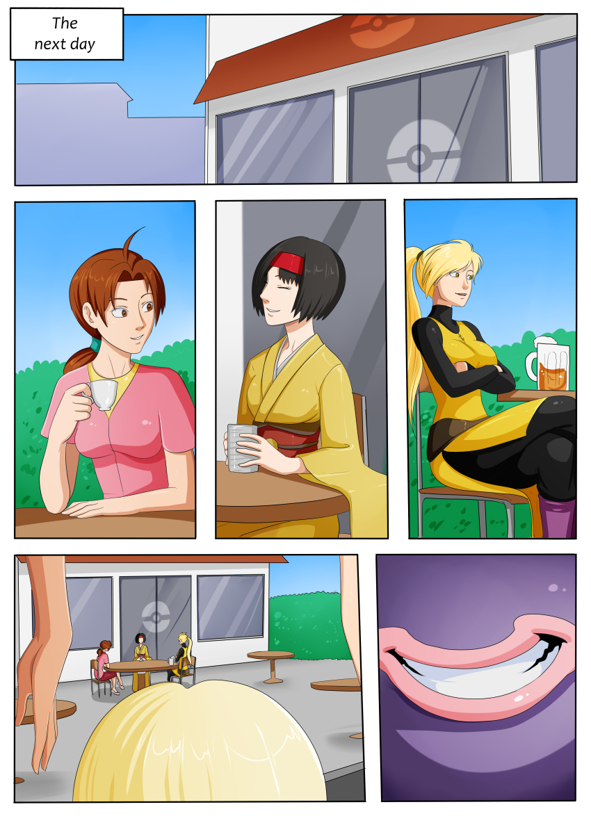 black_hair blonde_hair breasts brown_hair comic crossed_arms crossed_legs delia_ketchum erika_(pokemon) evil_smile female_only jynx kimono multiple_girls nintendo oo_sebastian_oo pokemon pokemon_(anime) yellow_(pokemon)