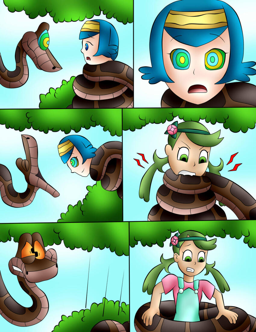 blue_hair comic disney femsub green_hair happy_trance jerrydestrtoyer kaa kaa_eyes lana_(pokemon) loli mallow_(pokemon) multiple_girls nintendo pokemon snake the_jungle_book