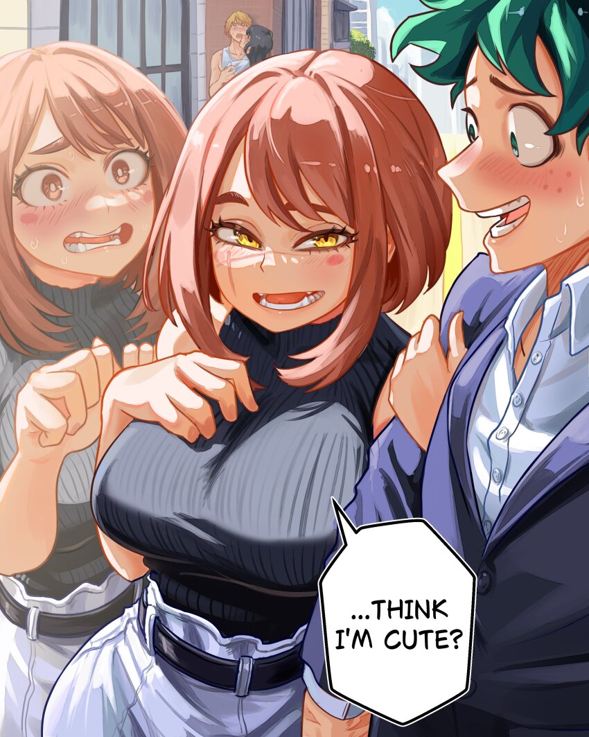 asa_mitaka aware bare_shoulders black_hair blonde_hair blush breasts brown_eyes brown_hair chainsaw_man crossover denji_(chainsaw_man) embarrassed english_text femdom femsub ghost green_eyes happy_trance himiko_toga izuku_midoriya my_hero_academia ochaco_uraraka open_mouth possession scar scared scars short_hair smile speech_bubble sweat text unhappy_trance vlizz yellow_eyes yoru_(chainsaw_man)