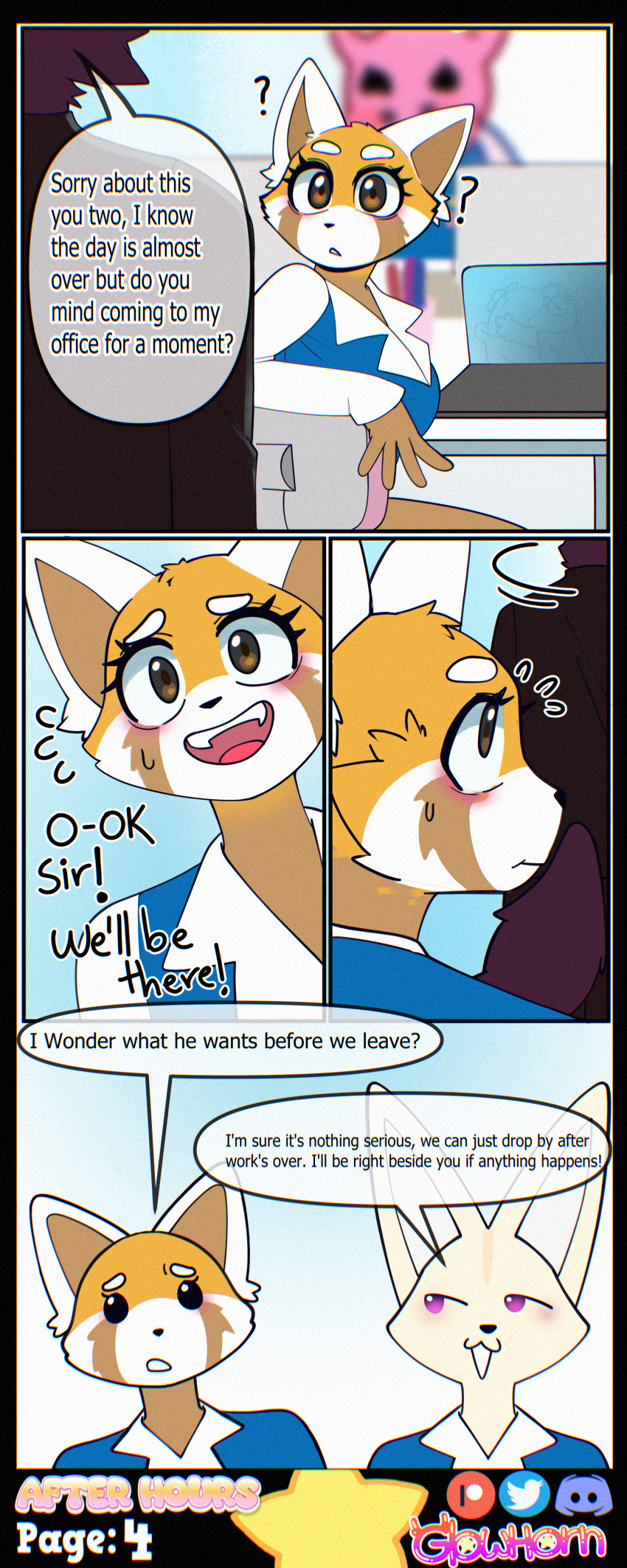 absurdres aggretsuko artifact_the_fox brown_eyes chair clothed comic corruption dialogue fennec_girl fenneko_(aggretsuko) fox_boy fox_girl furry glowhorn laptop office open_mouth original red_panda_girl retsuko_(aggretsuko) sanrio shirt simple_background sitting smile smug