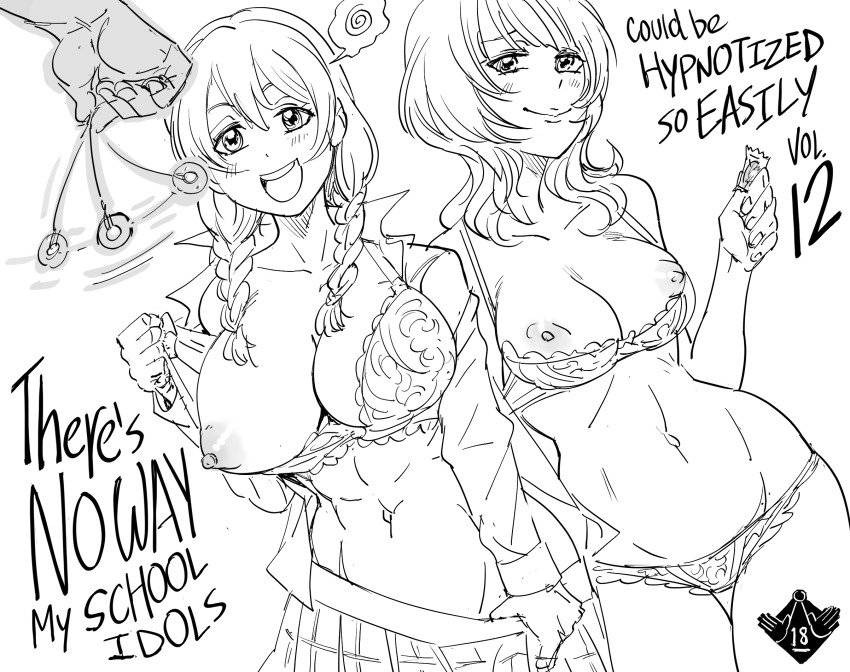 baalbuddy blush bra breasts breasts_outside coin collarbone condom dead_source emma_verde english_text femsub greyscale humor karin_asaka love_live! love_live!_nijigasaki_high_school_idol_club maledom midriff monochrome multiple_girls multiple_subs navel nipples nude panties pendulum skirt speech_bubble spiral text twin_braids underwear undressing