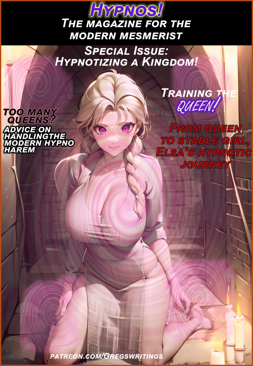 absurdres ai_art blonde_hair caption disney femsub frozen gregory_michelson_(generator) hypnotic_spiral kneeling large_breasts parody purple_eyes queen_elsa spiral tagme text