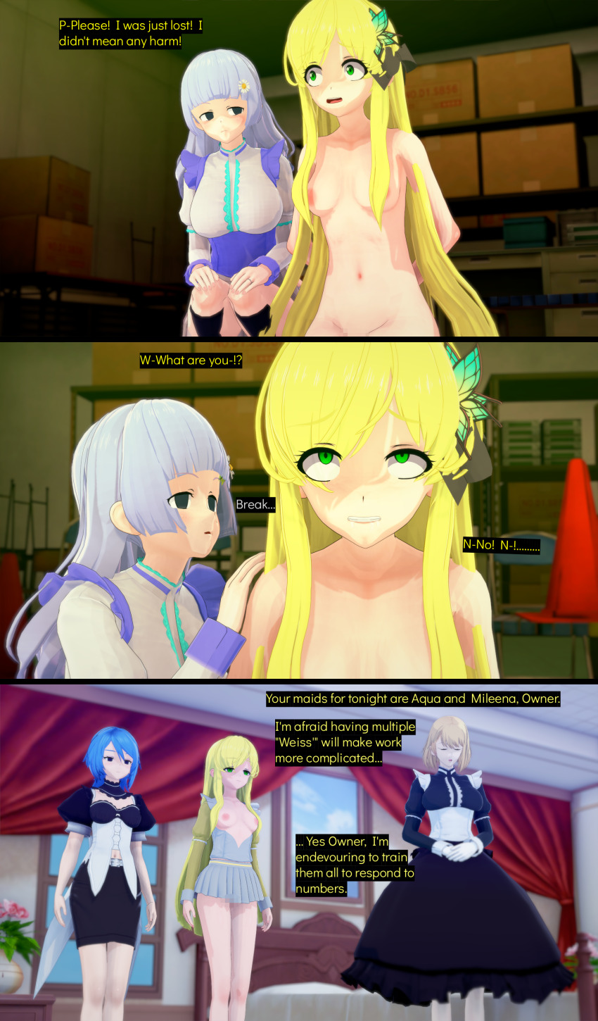 3d aqua_(kingdom_hearts) blonde_hair blue_hair censored cha_hae-in cyanstargazer date_a_live empty_eyes femsub hypnotized_hypnotist kingdom_hearts maid miku_izayoi mileena_weiss nipples purple_hair solo_leveling tales_of_(series) tales_of_the_rays text