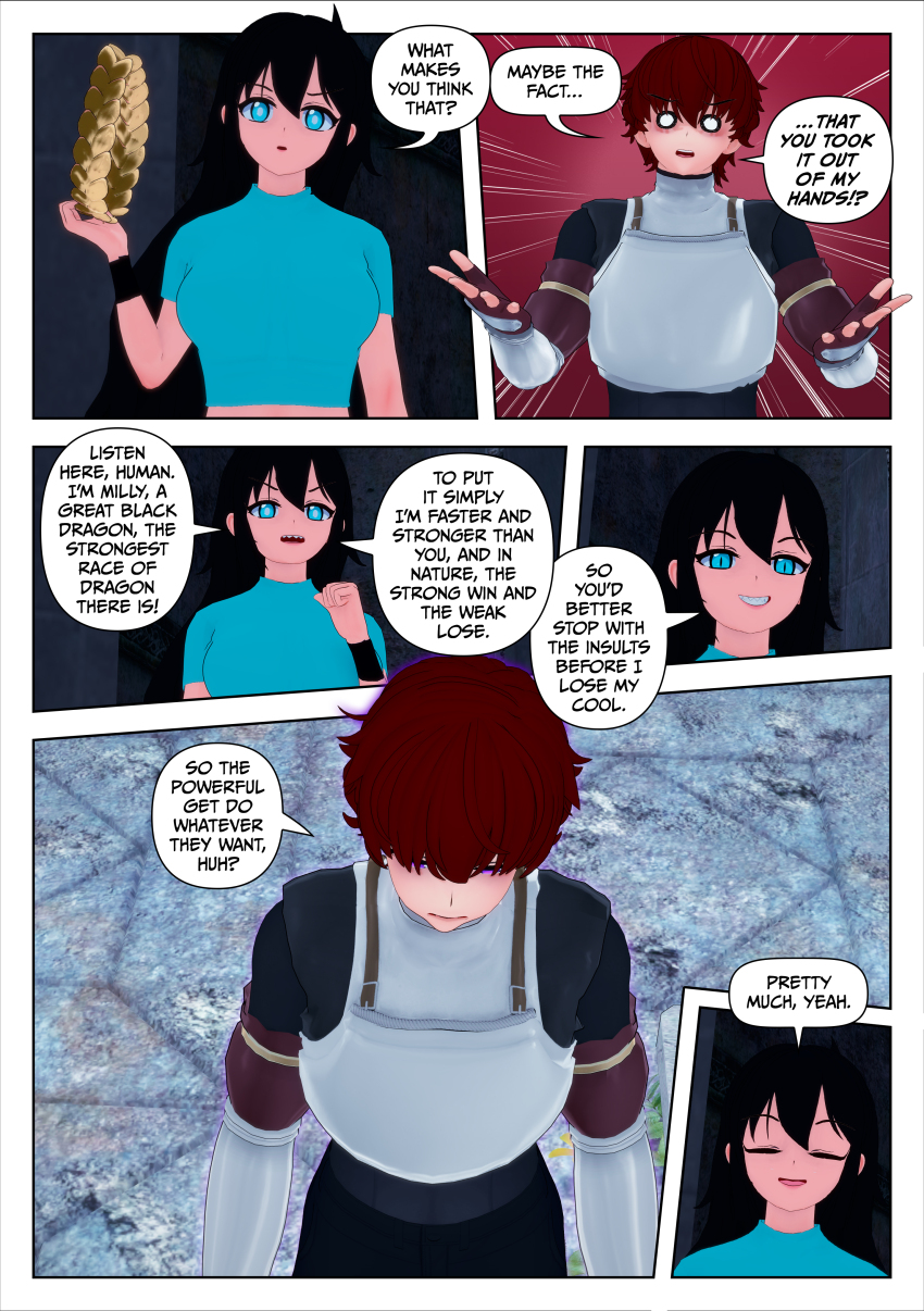 black_hair blue_eyes blush clothed comic dialogue dragon_girl femsub long_hair maledom milly_(skecchyartist) original panties rollb skecchyartist skirt spiral_eyes text