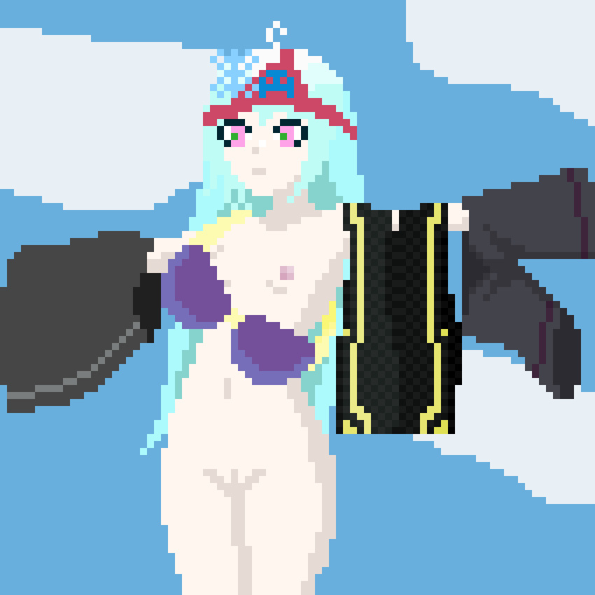 ahoge blue_hair body_control bra bracers exhibitionism femsub flat_chest glowing_eyes human_furniture humiliation humor miyuki_thotep nanami_thotep nude nyarukavt original ortlind_thotep pixel_art setra_thotep small_breasts white_skin yami_thotep zero_thotep