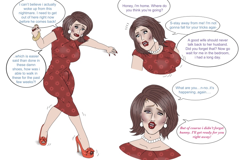 absurdres blue_eyes brown_hair bulge crossdressing dialogue dress english_text eyeshadow feminization high_heels jewelry lipstick makeup male_only malesub maxineheels nail_polish necklace open_mouth original red_lipstick solo speech_bubble stepfordization western white_background wig