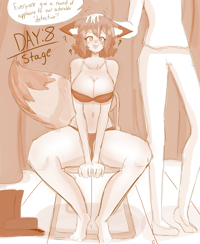 a_singular_fish androgynous_dom animal_ears bare_legs barefoot blush chair cleavage clothed collarbone confused defeated drool feet female_only femsub fox_ears fox_girl hand_on_head happy_trance hypnovember large_breasts legs navel original panties pants shirt shoes short_hair smile spiral_eyes stage_hypnosis sunshine_(skecchyartist) tail thick_thighs thighs tongue_out underwear wide_hips