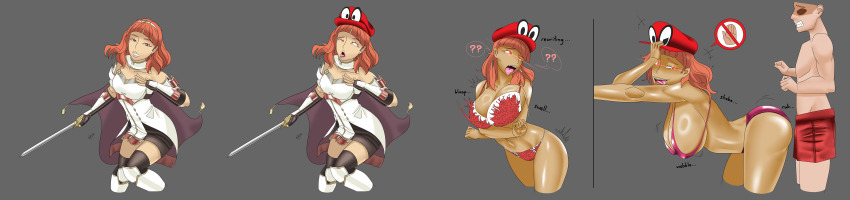 absurdres alternate_color_scheme alternate_costume bare_shoulders bikini black_eyes bra breast_expansion breasts cappy celica_(fire_emblem) confused crossover english_text eye_color_change faceless_male femsub fire_emblem fire_emblem_echoes fire_emblem_gaiden glowing_eyes hat huge_breasts hypnotic_clothing large_breasts leaning_forward living_costume maledom mario midriff navel nintendo ongcs123 open_mouth orange_hair panties possession red_eyes sequence shorts speech_bubble super_mario_bros. super_mario_odyssey sword tan_skin text thighs tongue tongue_out underwear weapon