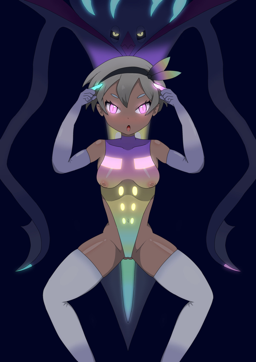 bangs bare_shoulders bea_(pokemon) blush breasts cameltoe dark_skin female_only femsub gloves glowing_eyes grey_hair hairband leotard malamar malamar_outfit mega_malamar nintendo nipples open_mouth opera_gloves pink_eyes pokemon pokemon_(creature) pokemon_legends_z-a see-through short_hair solo spread_legs squatting taranchura thighhighs