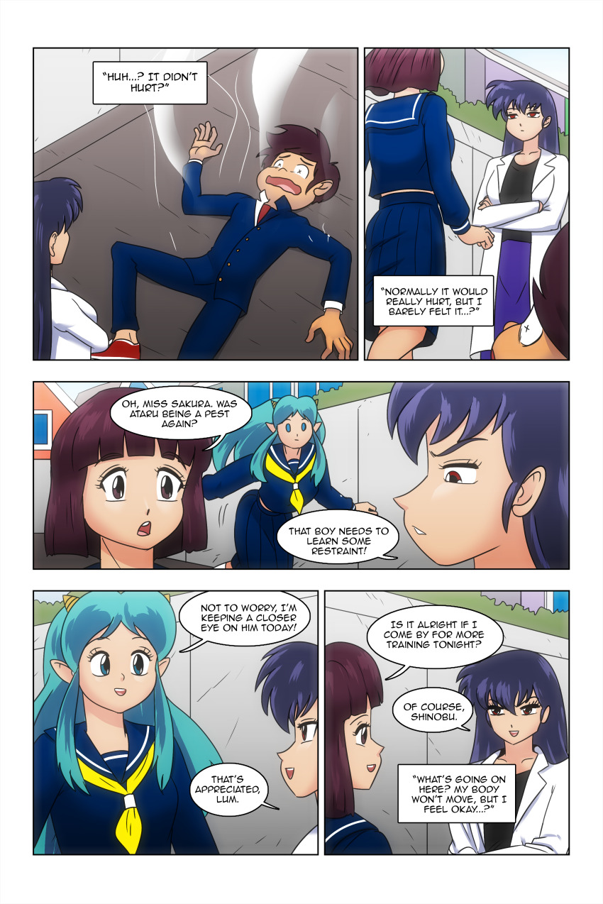 absurdres ataru_moroboshi brown_hair clothed comic dialogue english_text long_hair lum lying sakura_(urusei_yatsura) shinobu_miyaki short_hair suit text urusei_yatsura wadevezecha