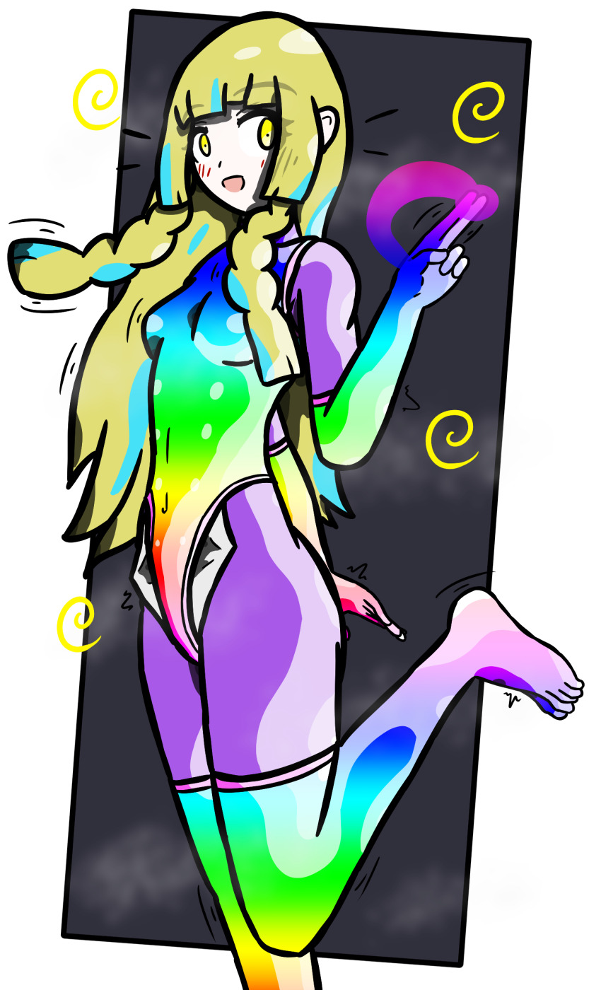 absurdres alternate_costume blonde_hair blue_hair blush breasts eye_color_change femsub hair_color_change happy_trance illumina lillie_(pokemon) looking_back malamar_outfit multicolored_hair nintendo pokemon pokemon_legends_z-a pokemon_sun_and_moon pokemon_x_and_y smile solo spiral symbol tight_clothing very_long_hair yellow_eyes