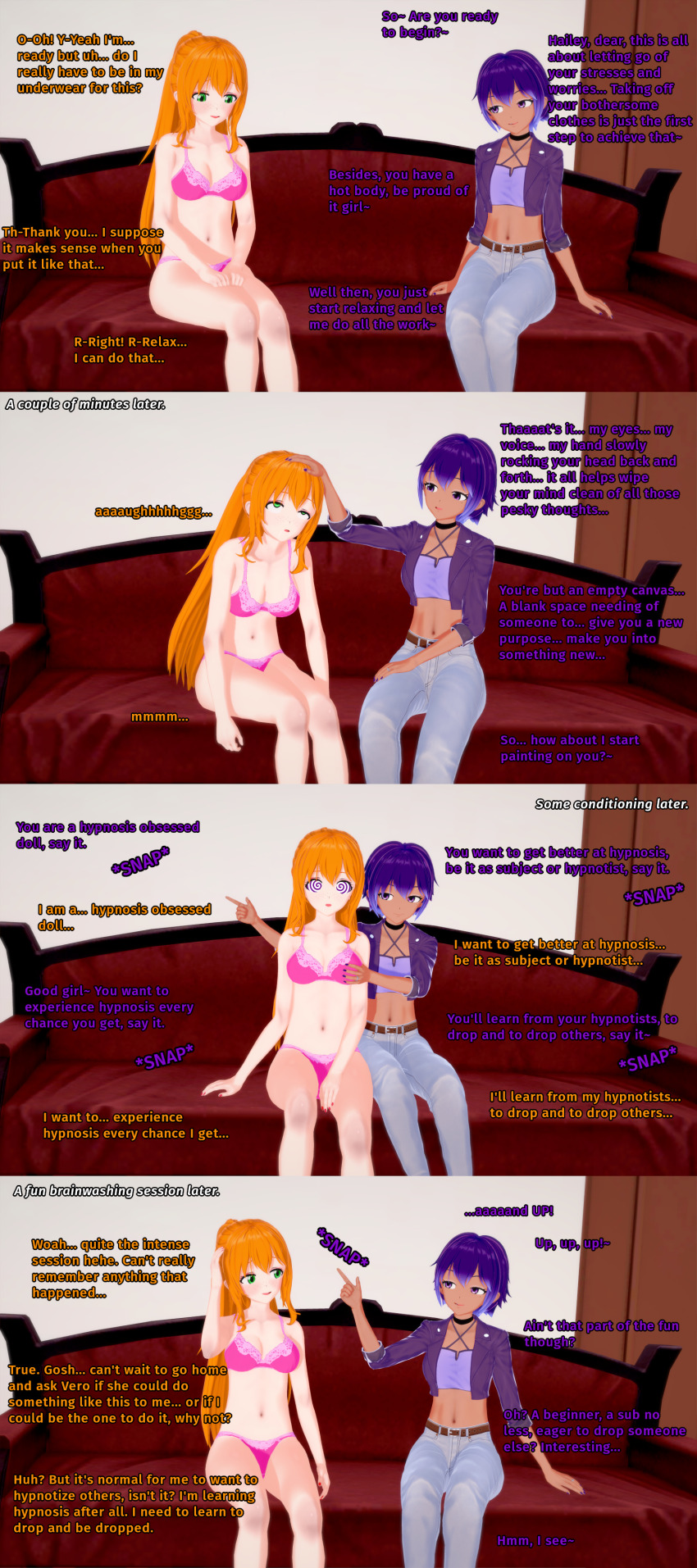 amnesia bare_shoulders couch dialogue drool english_text eye_roll female_only femdom femsub finger_snap freckles green_eyes hailey_(liz_b) koikatsu! limp liz_b midriff miss_hypnos_(liz_b) nail_polish orange_hair original ponytail purple_eyes purple_hair spiralwash_eyes tan_skin text unaware underwear