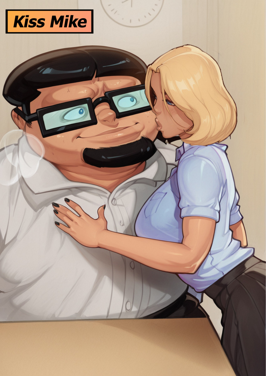 blonde_hair classroom comic glasses kissing school_uniform sculptortusk short_hair skirt student sweat tagme ugly_bastard