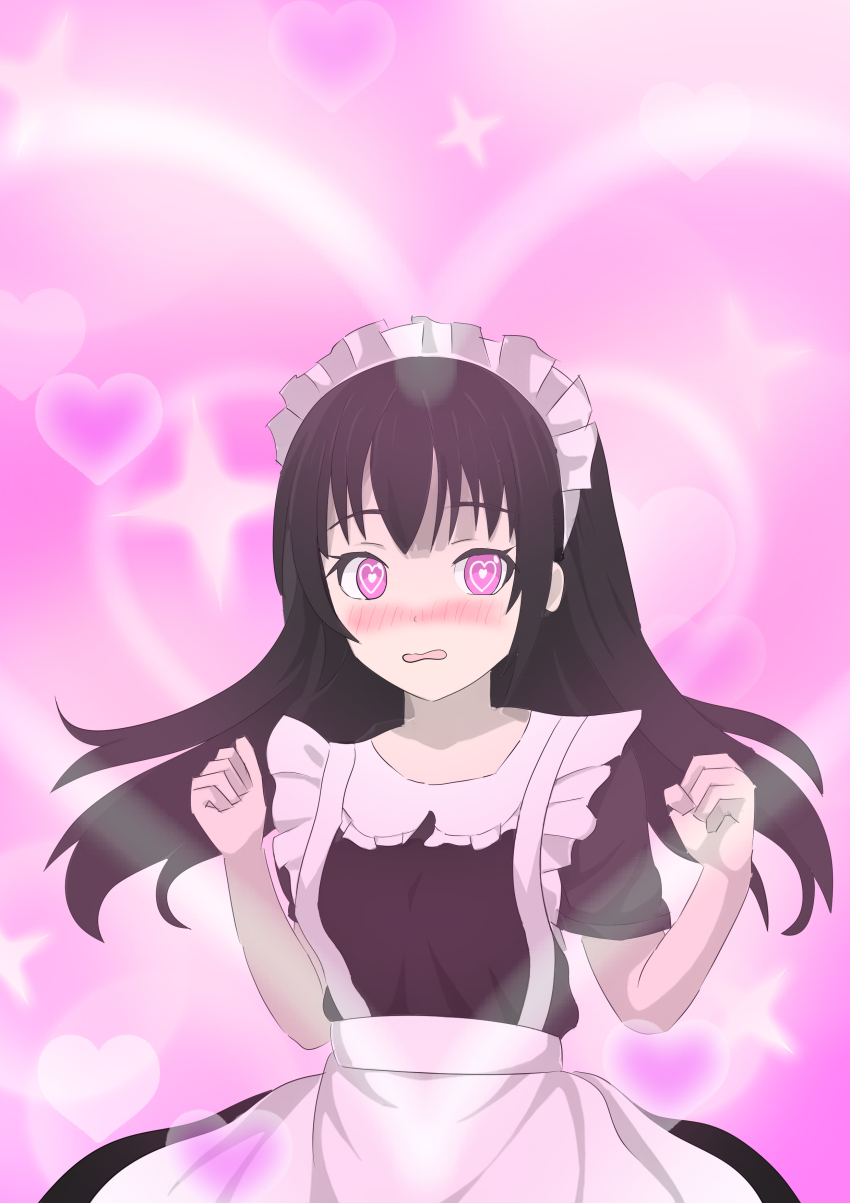 absurdres basutabesutasu black_hair blush character_request charm_(spell) clothed copyright_request female_only femsub heart heart_eyes long_hair maid solo sparkle symbol_in_eyes